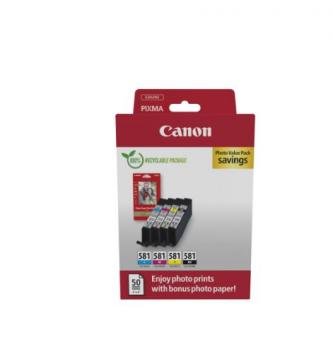 Canon CLI-581 Schwarz / Cyan / Magenta / Gelb Value Pack (+ 10x15 cm Fotopapier 50 Blatt) 