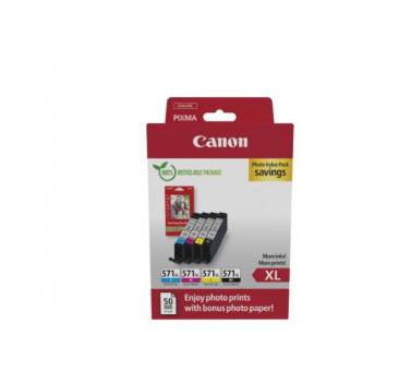 Canon CLI-571XL Schwarz / Cyan / Magenta / Gelb Value Pack (+ 10x15 cm Fotopapier 50 Blatt) 