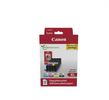 Original  Canon CLI-551 XL Schwarz / Cyan / Magenta / Yellow Multipack (+ 10x15 cm Fotopapier 50 Blatt) 
