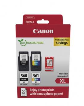 Original  Canon PG-560XL+CL-561XL Schwarz / Color Multipack (+ 10x15 cm Fotopapier 50 Blatt) 