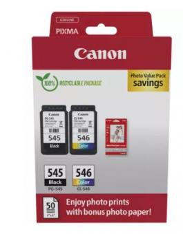 Original  Canon PG-545 + CL-546 Photo Multipack Schwarz / Color / Weiss ca.360 Seiten 2 Tintenpatronen: PG-545 + CL-546 + Fotopapier 50 Blatt 10x 15 cm 8287B008 