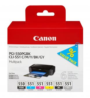 Canon PGI-550 + CLI-551 Multipack schwarz / cyan / magenta / gelb / grau 6 Tintenpatronen: 1x PGI-550 + je 1 Stck. CLI-551 BK+C+M+Y+GY 6496B005 