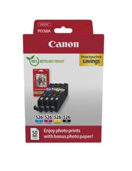 Canon CLI-526 Schwarz / Cyan / Magenta / Gelb Value Pack (+ 10x15 cm Fotopapier 50 Blatt) 
