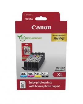 Original  Canon CLI-581 XL Schwarz / Cyan / Magenta / Yellow Multipack (+ 10x15 cm Fotoglanzpapier Plus II 50 Blatt) 