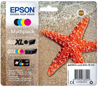 Epson Multipack 603XL ,603 black ,cyan ,magenta , yellow 4 Tintenpatronen C13T03A94010 