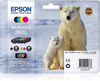 Original  Epson Multipack 26XL T2636 Schwarz ,Cyan ,Magenta ,Yellow 4 Tintenpatronen XL: T2621 + T2632 + T2633 + T2634 C13T26364010 