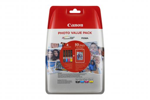 Canon CLI-551 Photo Value Pack schwarz / cyan / magenta / gelb 4 Tintenpatronen: CLI-551BK + CLI-551C + CLI-551M + CLI-551Y + 50 Blatt 10 x 15 cm Foto Papier glossy 6508B005 