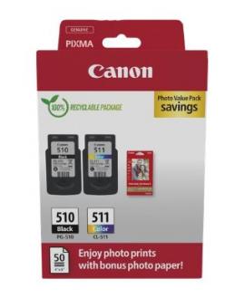 Original  Canon PG-510 + CL-511 Multipack Schwarz / Color 2 Tintenpatronen + Fotopapier 50 Blatt 10x 15 cm 