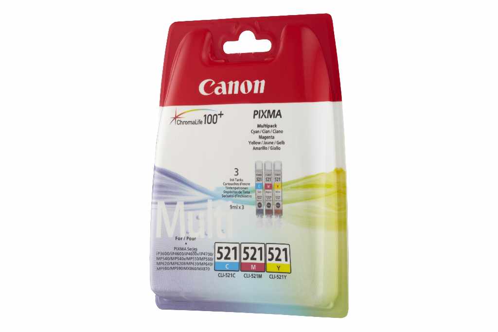 Druckerzubehör Online-Shop | Canon CLI-521 Multipack cyan / magenta / gelb  3 Tintenpatronen 2934B010 | Druckerzubehör wie Tinte und Toner online kaufen
